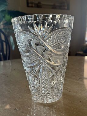Pressed Cut Crystal Tall Vase - Clear Glass